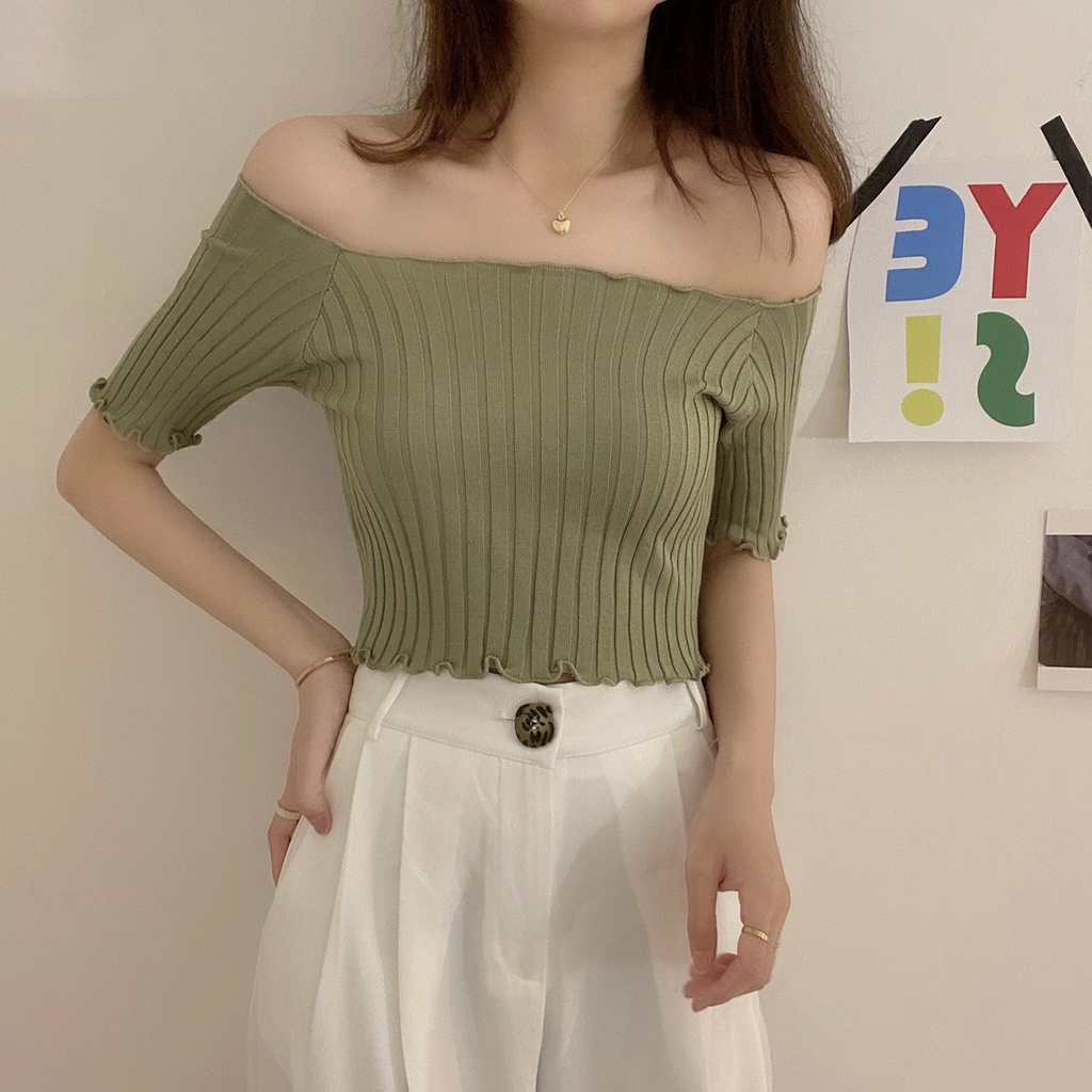Áo dệt kim Croptop Kiểu Dệt Kim Ngắn Tay Ulzzang Sexy Phong Cách Hàn Quốc Xiaozhainv vn K4T3-1