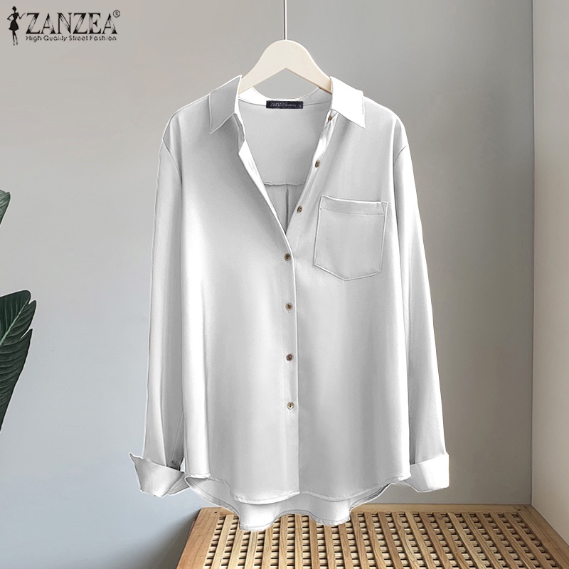 Áo sơ mi ZANZEA dài tay bằng lụa satin màu trơn thời trang dành cho nữ