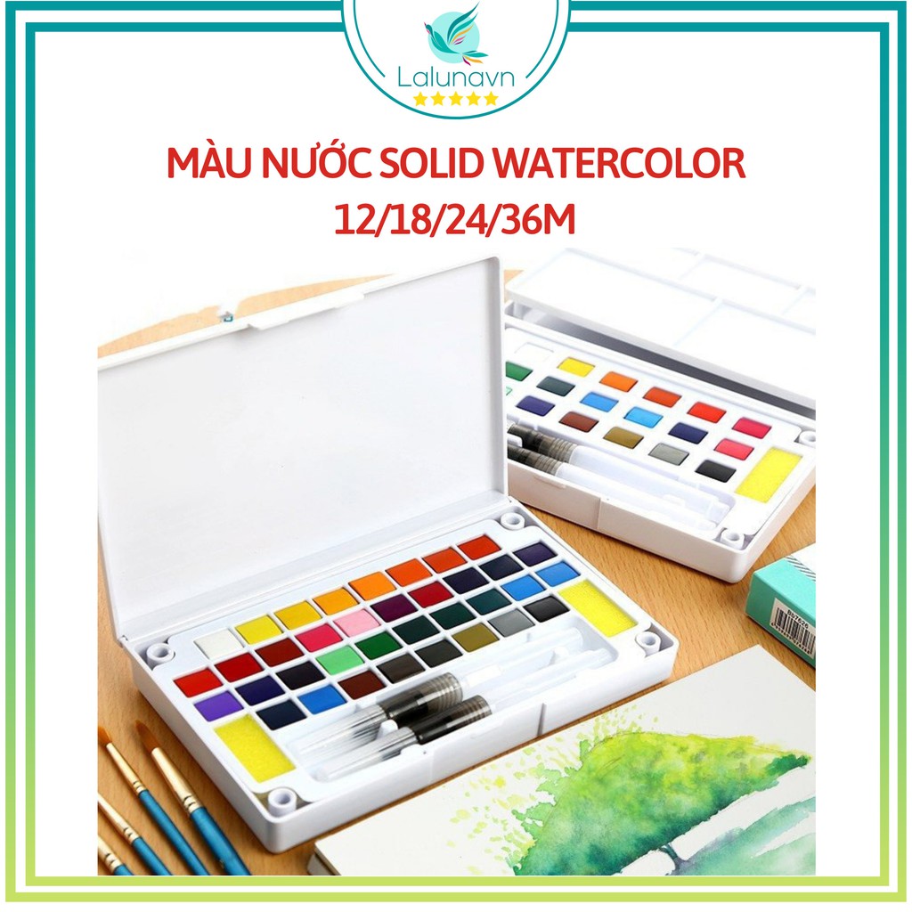 Màu Nước Solid Water Color Cao Cấp 12/18/24/36M Tặng 2 Bút Nước, 2 Mút -Lalunavn - B30