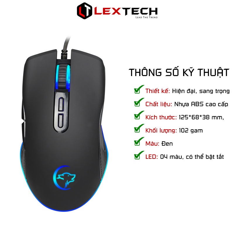 Chuột gaming có dây 3200 DPI LED 4 màu cho laptop máy tính bàn Lextech CG830