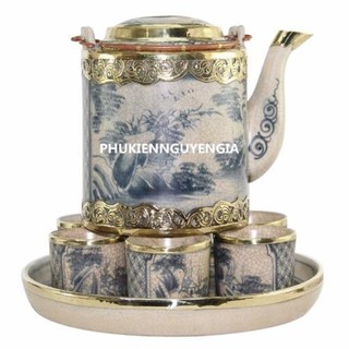 Bộ Ấm tích Bát Tràng vẽ sơn thủy - men rạn cổ - bọc đồng - 1.5 lít