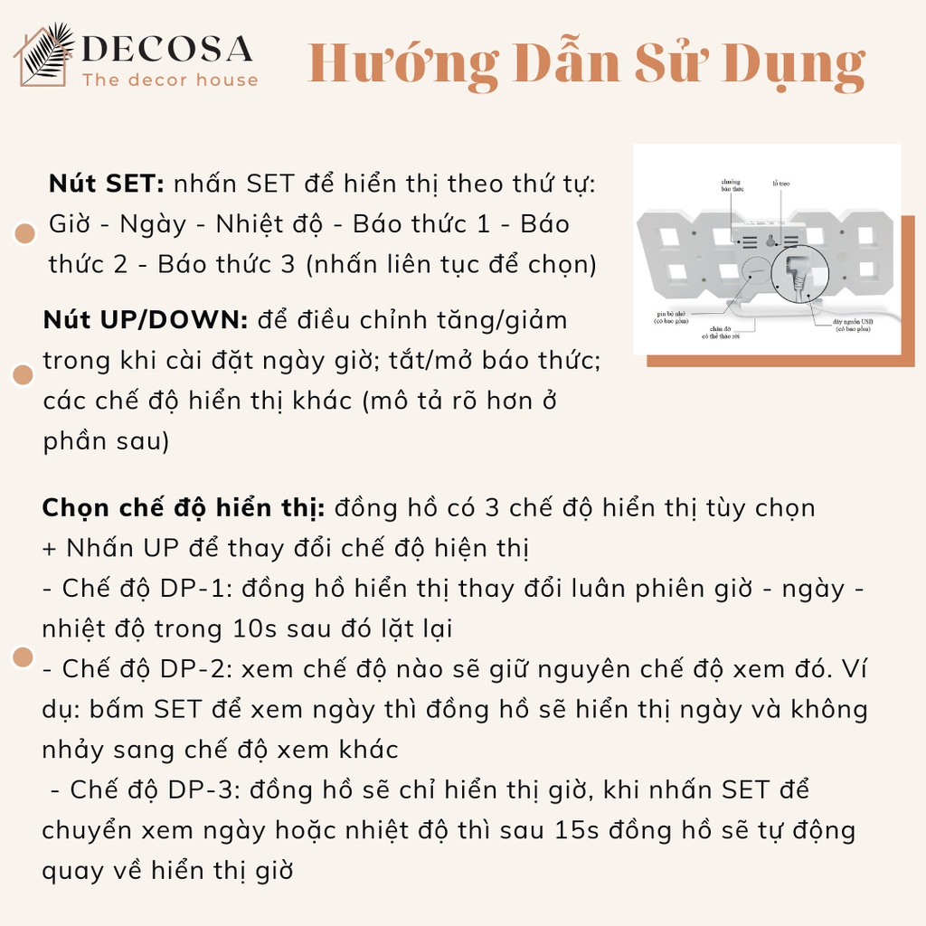 Đồng hồ led 3D thông minh để bàn treo tường đo nhiệt độ báo thức DECOSA