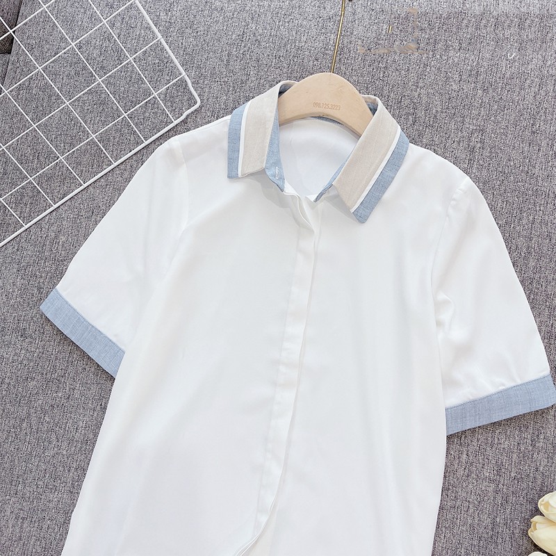 Áo sơ mi nữ trắng cộc tay Chunxuu cổ đức phối màu kiểu giấu cúc thời trang công sở - SP21