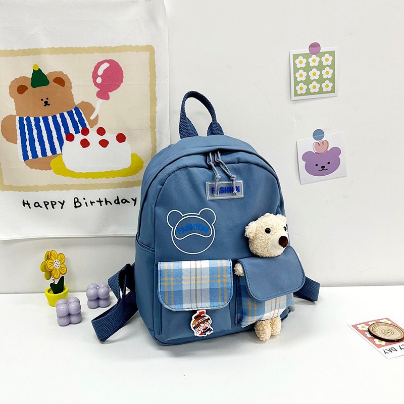 Balo mẫu mới cho bé kèm gấu đính trên cặp siêu cute, Hàng Quảng Châu Cao Cấp