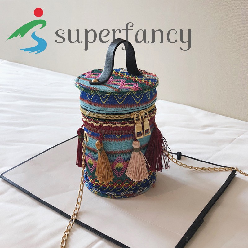 Women Crossbody Single Shoulder Bag Bucket Embroidery Tassel Bag with Golden Chain Strap