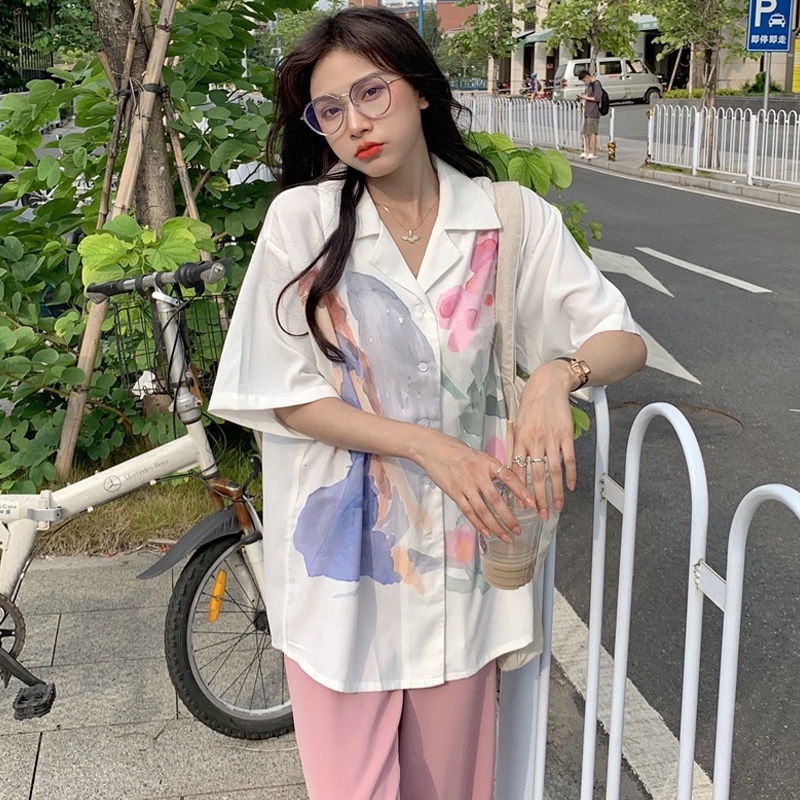 Áo Sơ Mi Tay Ngắn Dáng Rộng In Họa Tiết Thắt Cà Vạt Phong Cách Hàn Quốc Thời Trang Mùa Hè Mới Cho Nữ