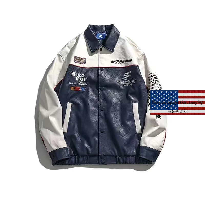 Phong cách Vintage Street Trend "No.535" Áo khoác bóng chày phiên bản Mỹ màu trắng Áo khoác da PU Lapel Hàn Quốc Áo khoác sinh viên cho các cặp vợ chồng đánh vần màu sắc lỏng lẻo đầu máy xe máy giải trí áo khoác đua hàng đầu