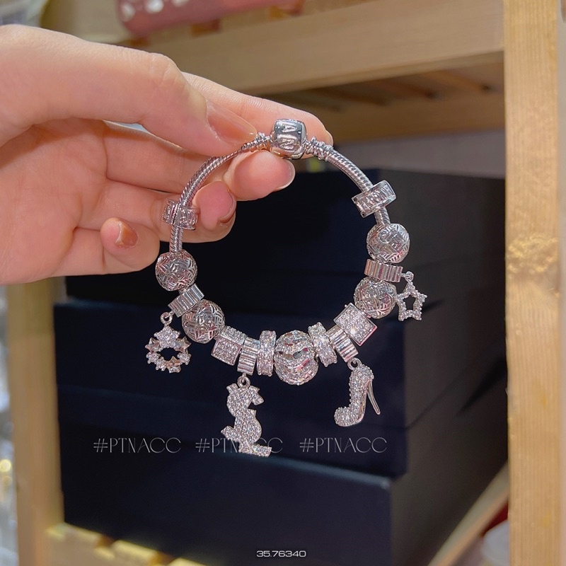Vòng tay pandora xi bạch kim, lắc tay pan full charm .PTNACC.