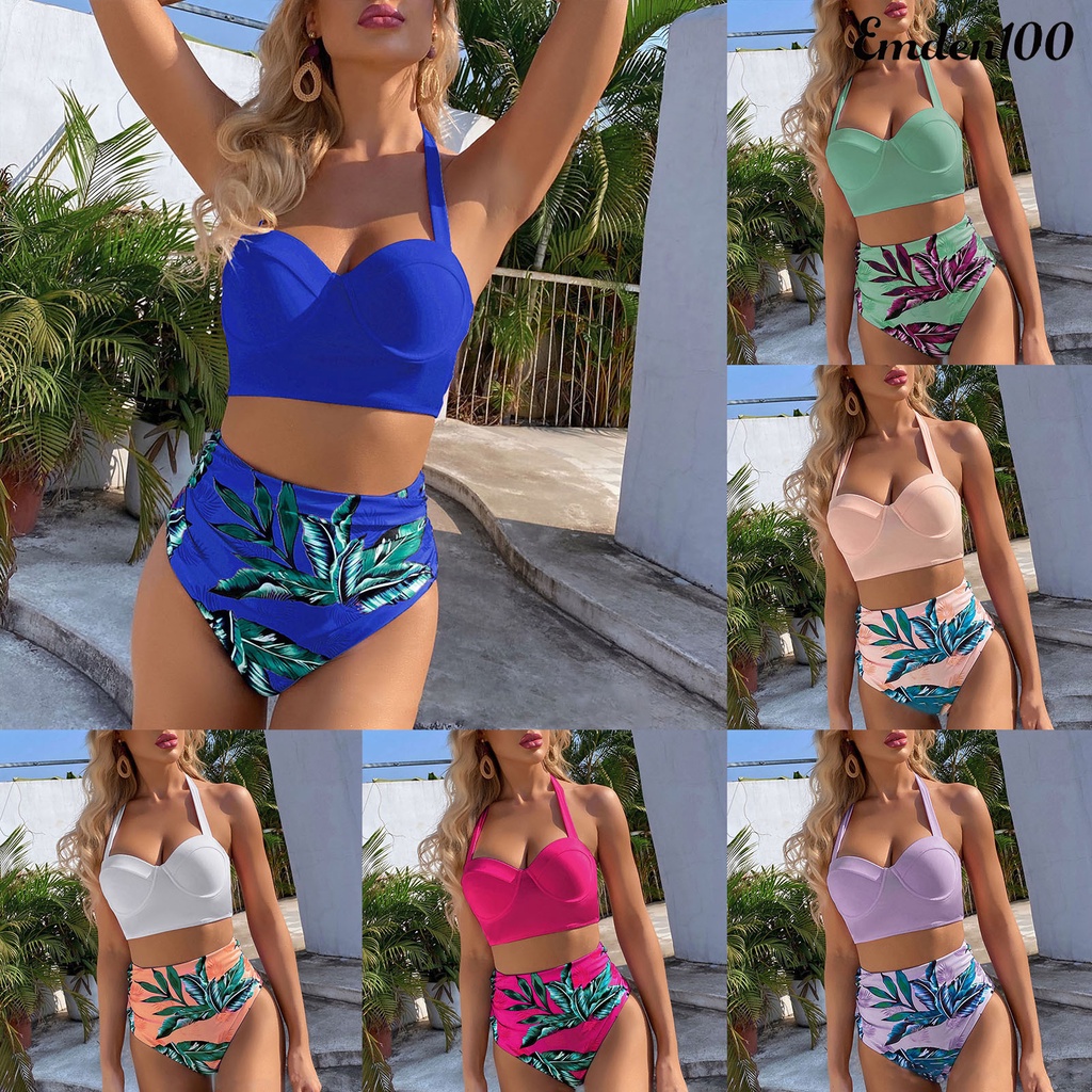 Bộ Bikini 2 Mảnh Hở Lưng Ôm Dáng In Họa Tiết Lá Cây Có Dây Cột