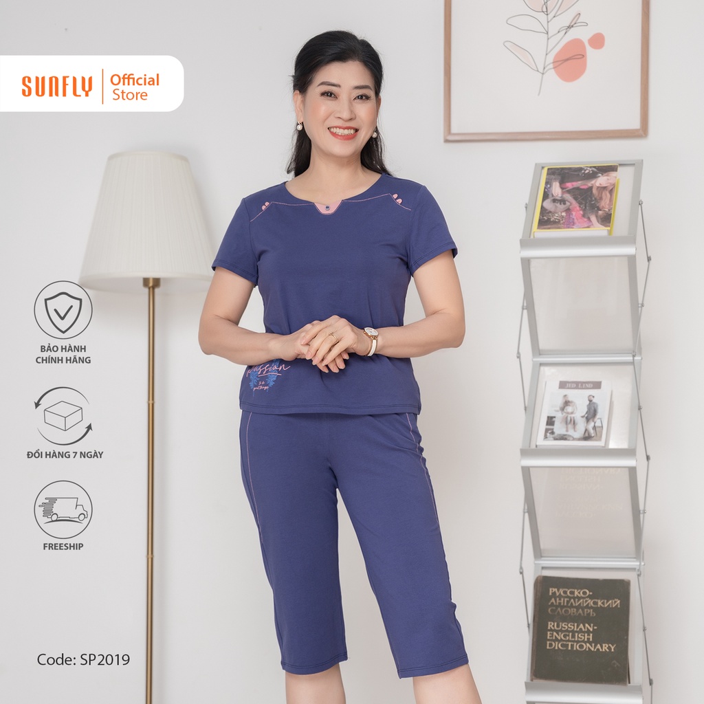 Bộ đồ mặc nhà nữ cotton SUNFLY áo cộc quần ngố SP2019