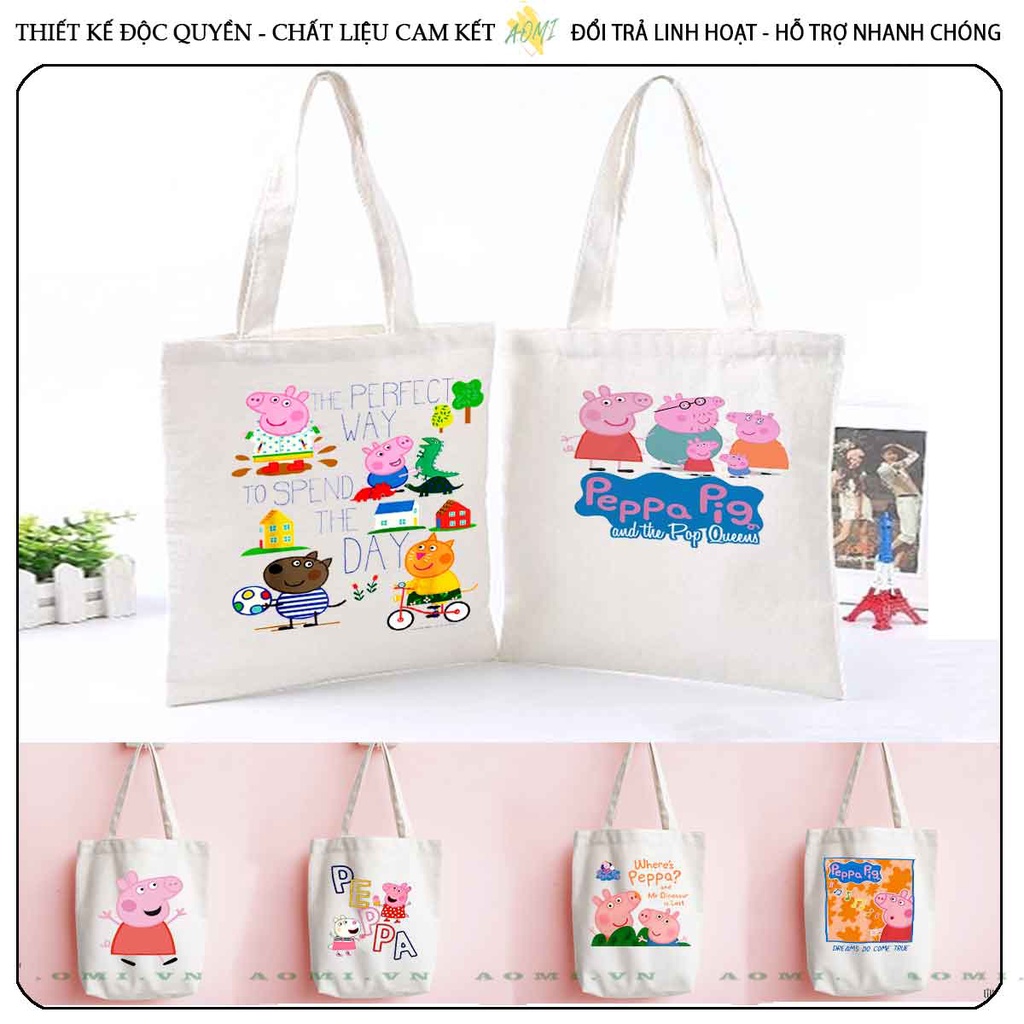 TOTE CANVAS heo peppa TÚI VẢI ĐEO VAI BAG CÓ KHÓA KÉO SIZE LỚN 33x38cm AOMIVN DU LỊCH DẠO PHỐ