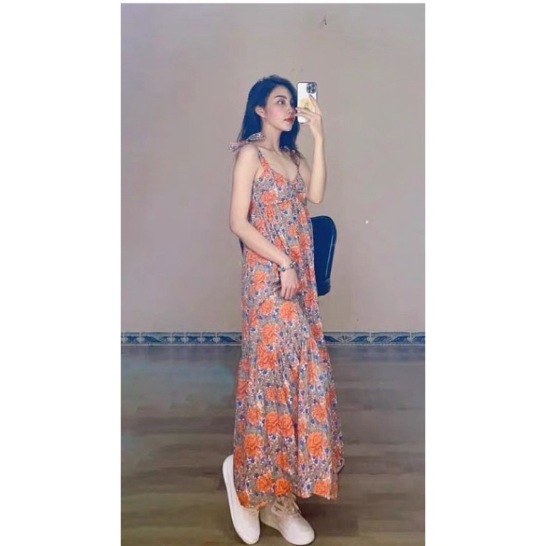 Váy đầm nữ 2s dáng dài hoa cam chun ngực Zr lụa cao cấp