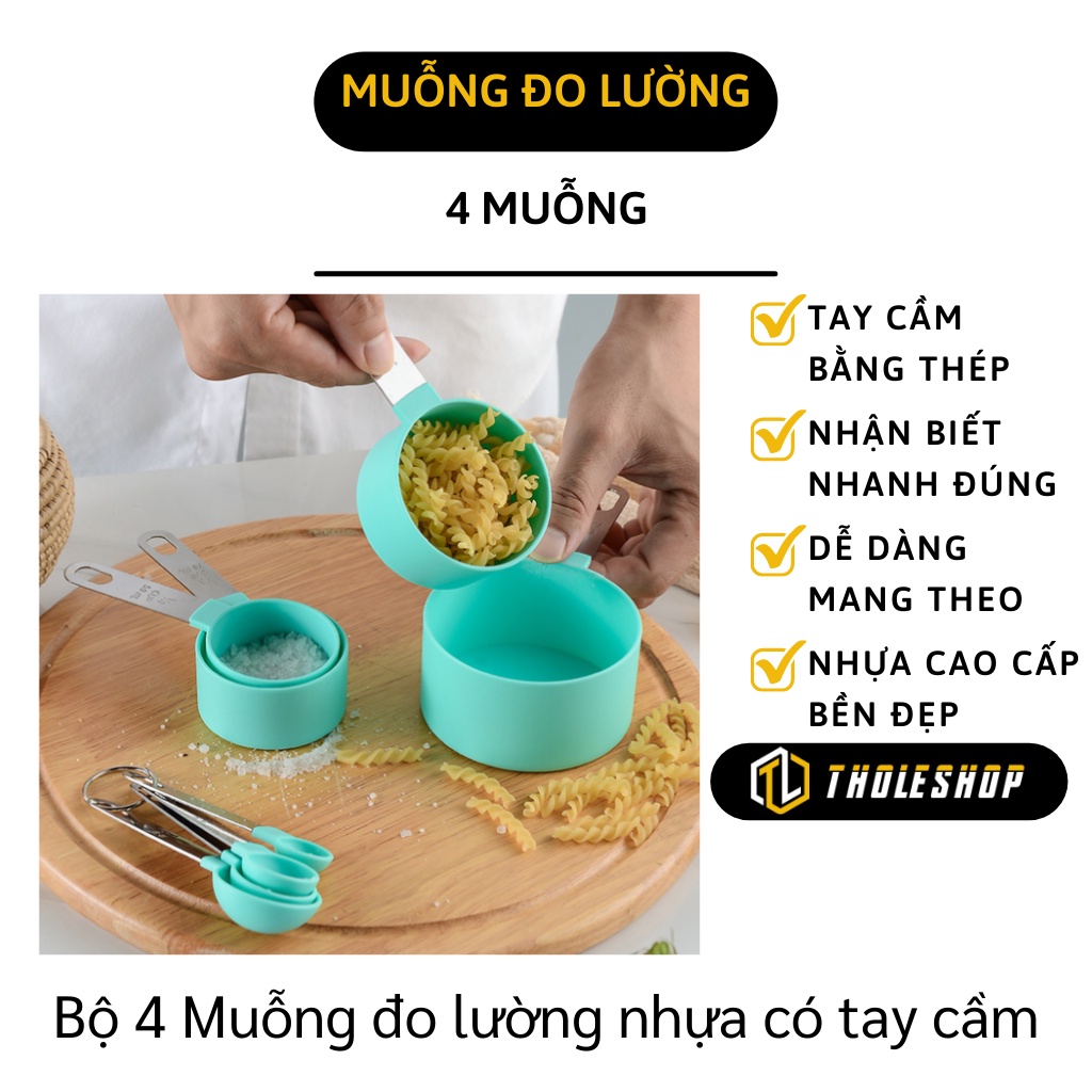Muỗng Đo Lường - Cốc/ Thìa Đong Định Lượng Làm Bánh Đủ 4 Kích Cỡ Có Móc Treo 9738