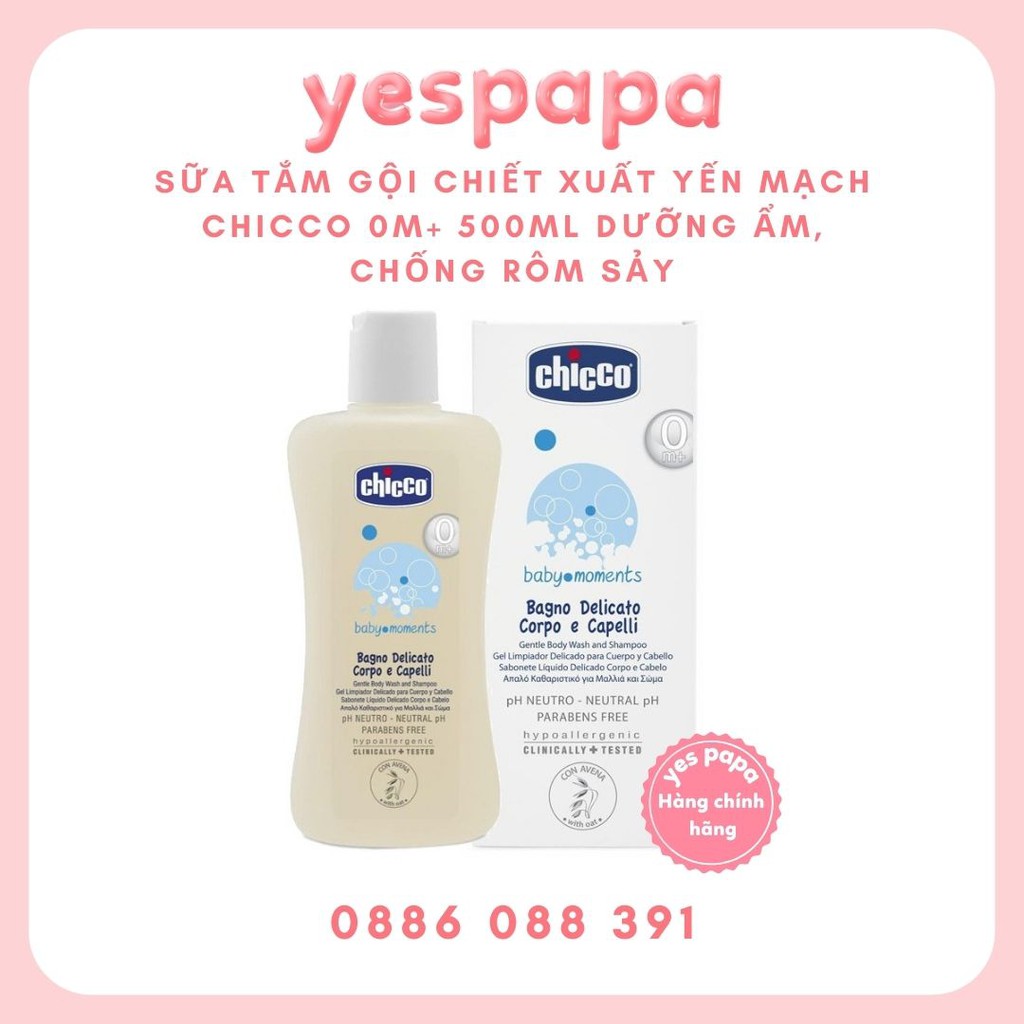 Chicco - Sữa tắm gội chiết xuất Yến Mạch Chicco 0M+ 500ml dưỡng ẩm, chống rôm sảy