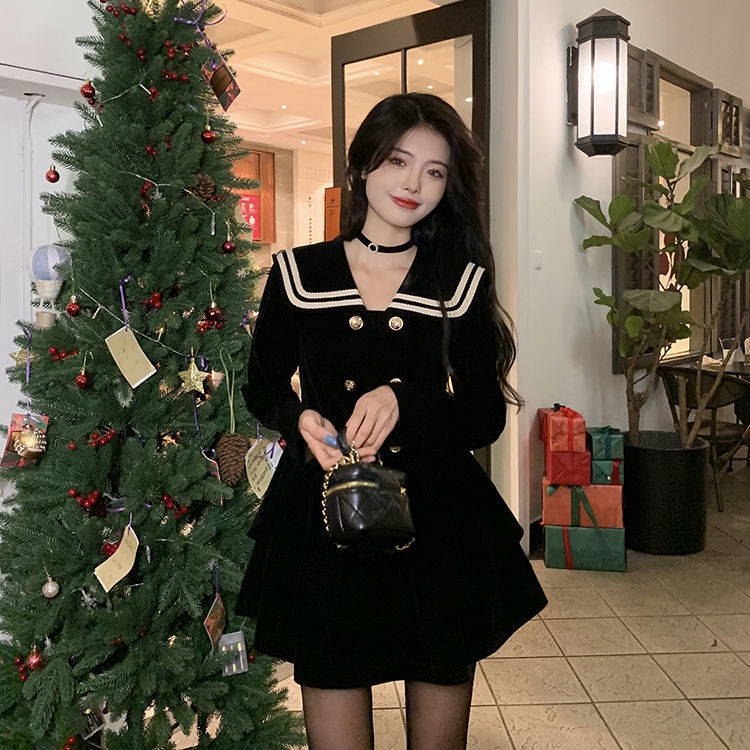 Đầm Xòe Cổ Hải Quân Màu Đen Thời Trang Mùa Xuân Cho Nữ