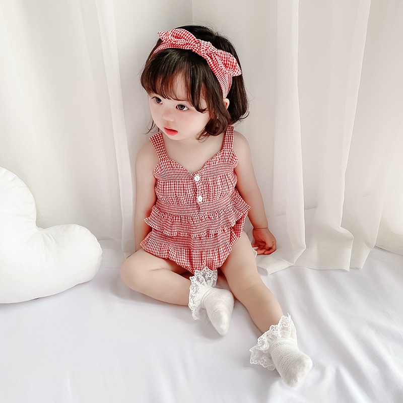 Bộ Áo Liền Quần Vải Cotton Phối Bèo + Băng Đô Thời Trang Mùa Hè Cho Bé Gái