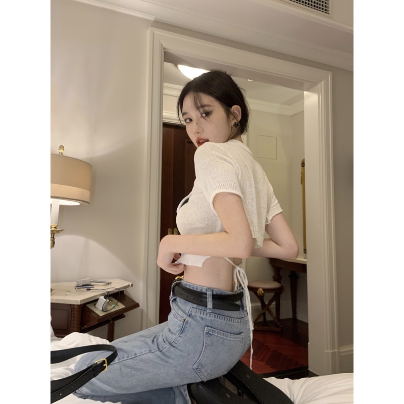 HUNAG YOYO Áo Dệt Kim Tay Ngắn Hở Lưng Dáng Ôm Phong Cách Hàn Quốc Thời Trang Cho Nữ