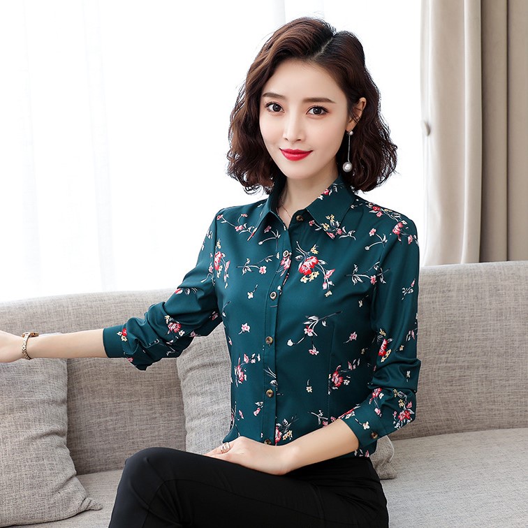 Áo sơ mi nữ thời trang xuân thu, áo sơ mi voan hoạ tiết hoa lá phong cách Hàn Quốc SM15