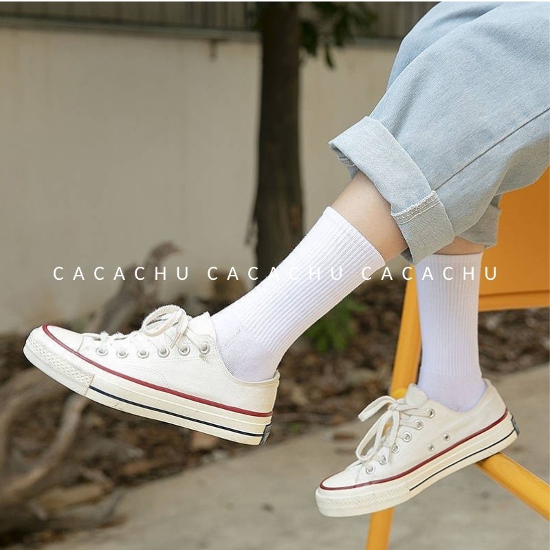 Tất vớ nam nữ cổ cao màu đen trắng hàn quốc phong cách vintage dễ thương CACACHU L04-1