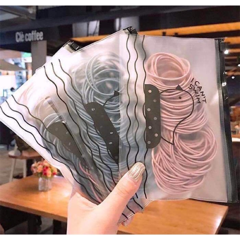 Set 100 dây buộc tóc trơn kèm túi zip siêu xinh,thun cột tóc co dãn nhiều màu