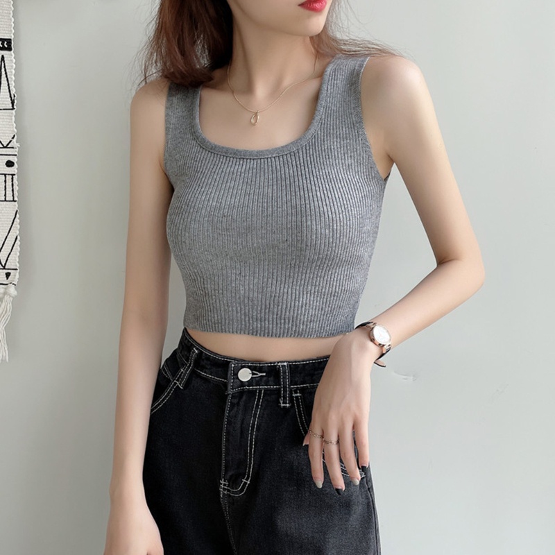 Áo Croptop Dệt Kim Hai Dây Cổ Vuông Màu Sắc Đơn Giản Thời Trang Mùa Hè Cho Nữ