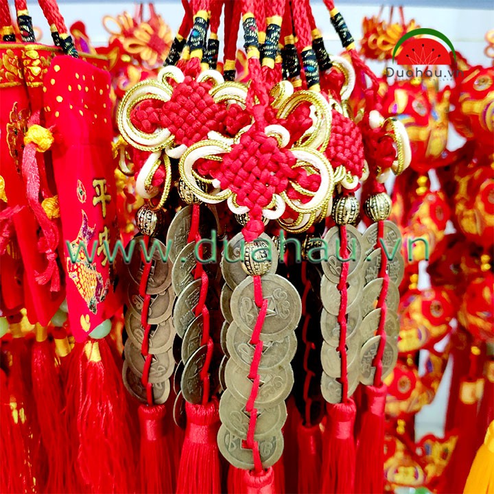 Dây Treo 5 Đồng Tiền Xu Cổ - Nút treo May Mắn Viền Vàng