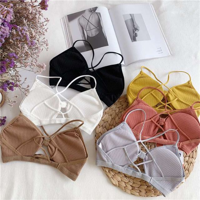 Áo ngực bra 2 dây cotton tăm nơ đan dây xẻ khe ngực nhiều màu 20194