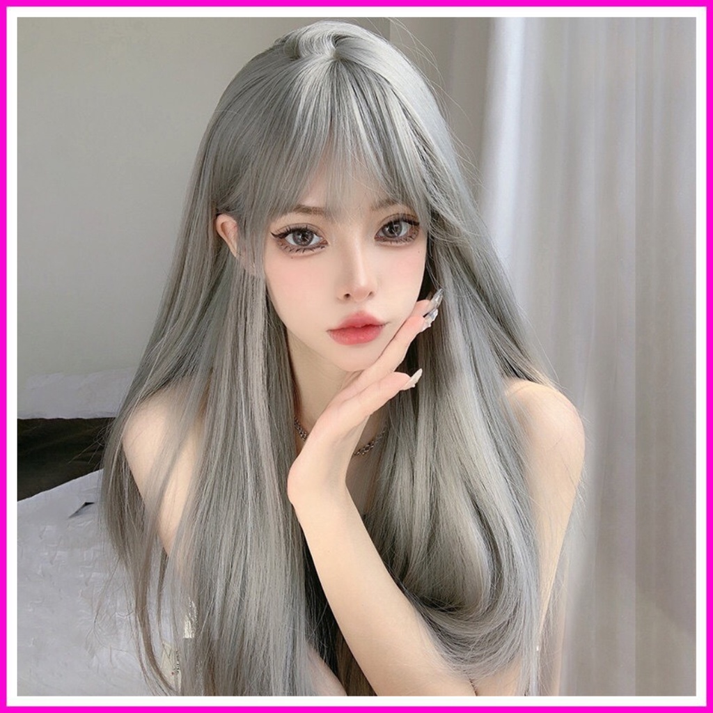 Tóc giả nữ nguyên đầu thẳng trắng bạch kim hàng cao cấp tặng lưới đội tóc 8085
