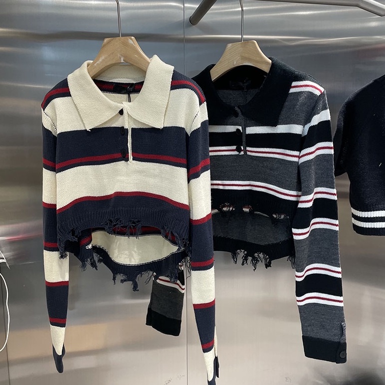 NUZIRO  Áo Len Cổ POLO Phối Tua Rua Họa Tiết Kẻ Sọc Màu Tương Phản Thời Trang Thu Đông Cho Nữ