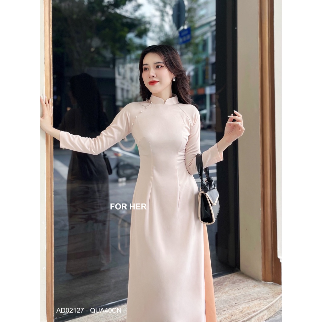 Áo dài Cách tân nữ trơn nút ngọc kem AD02127