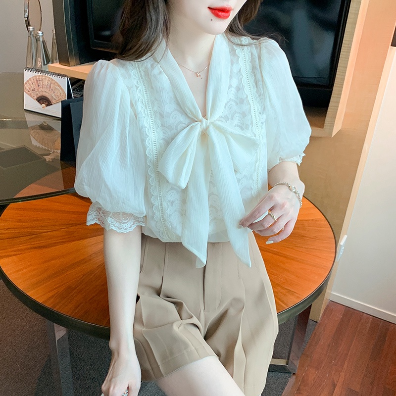 Áo Chiffon Phối Ren Cột Nơ Thời Trang Mùa Hè Xinh Xắn Cho Nữ