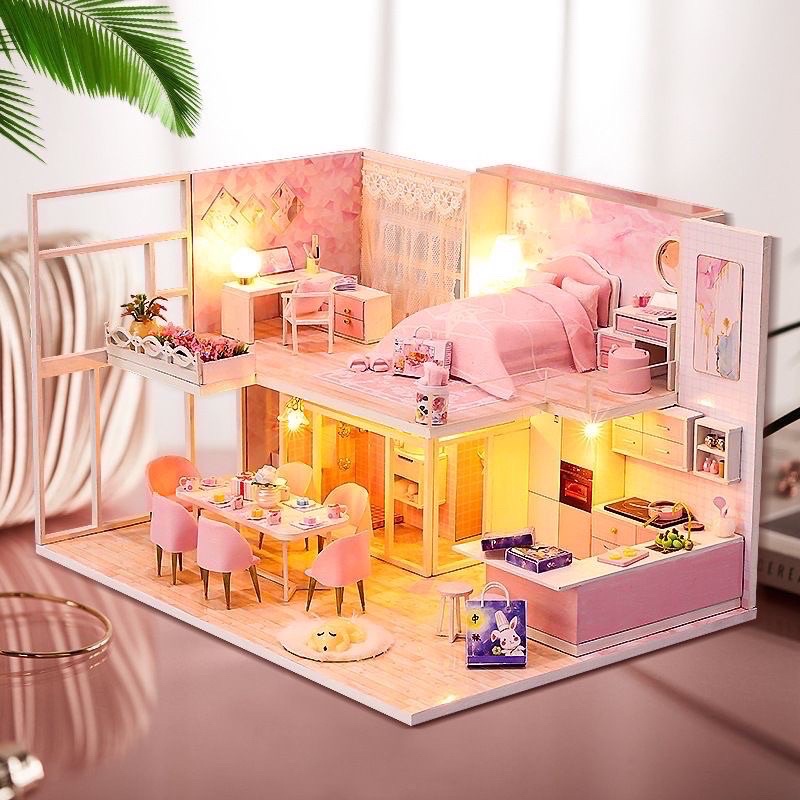 (Tặng mica,keo sữa,đèn)Nhà búp bê mô hình làm bằng gô bé tự làm DIY đồ chơi doll house M036