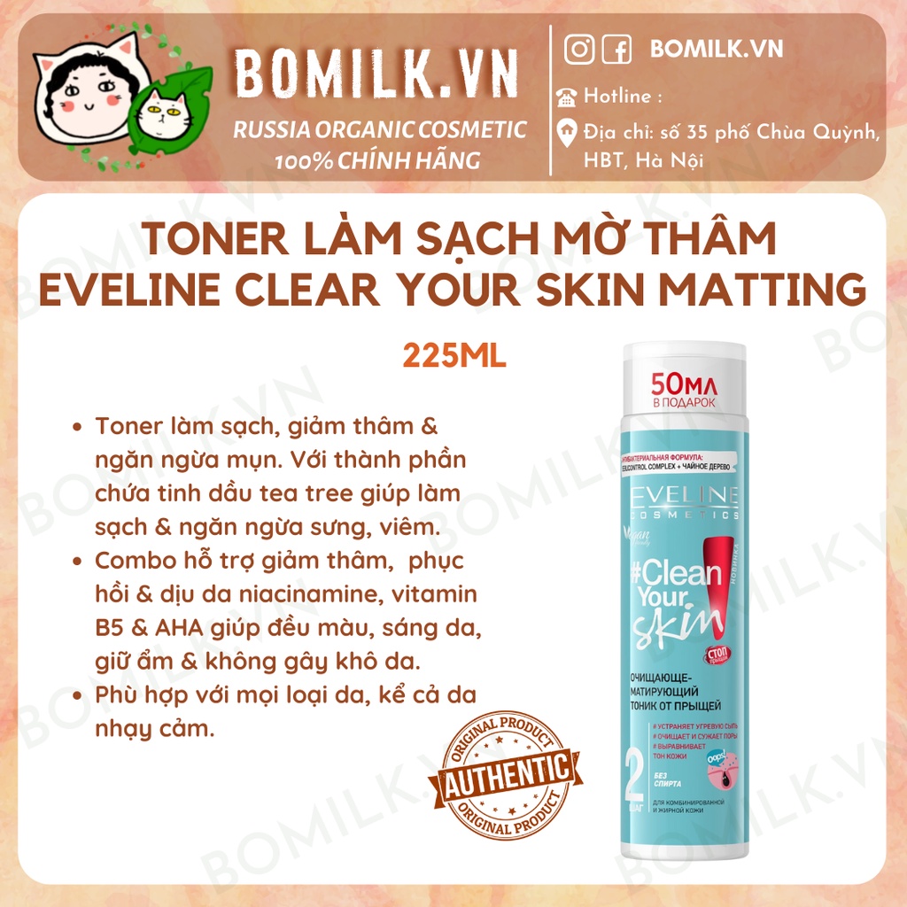 Toner acid Clear your Skin Trà xanh Eveline - làm sạch. giảm thâm và giữ ẩm