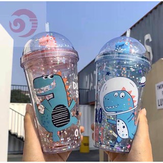 Bình Nước Cute Giữ Nhiệt Khủng Long 2 Lớp 500ml Có Ống Hút Bông Bi Kids Store