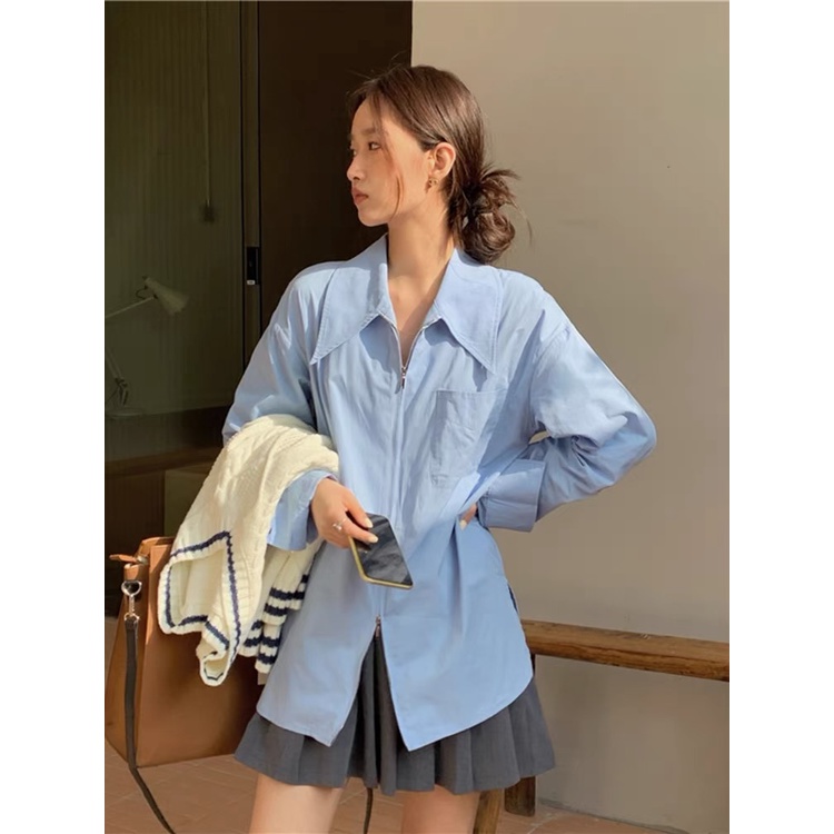 Áo Sơ Mi Tay Dài Màu Trơn Dáng Rộng Phong Cách Hàn Quốc Thời Trang Cho Nữ