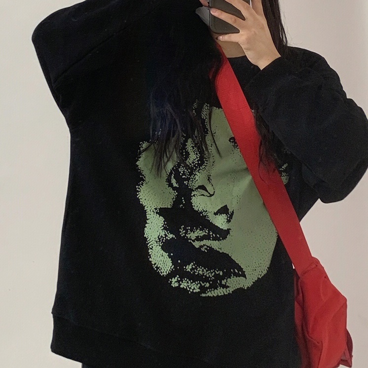 ZHELIHANGFEI Áo Thun Tay Dài Cổ Tròn Form Rộng Họa Tiết In Hợp Thời Trang