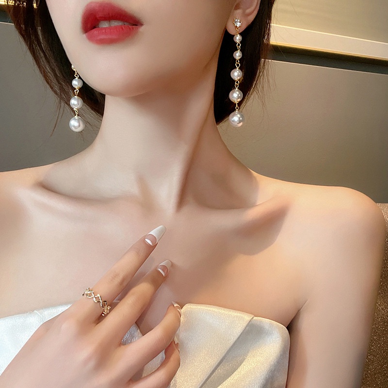 Bông Tai Dáng Dài Đính Ngọc Trai Sang Trọng Thời Trang Cho Nữ