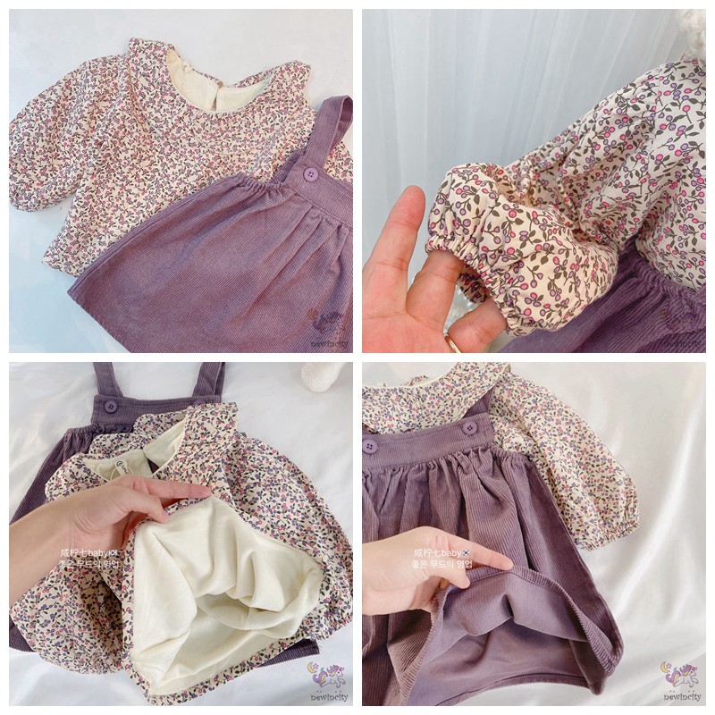 Bộ áo nhung dài tay họa tiết in hoa và đầm yếm thời trang dành cho bé gái