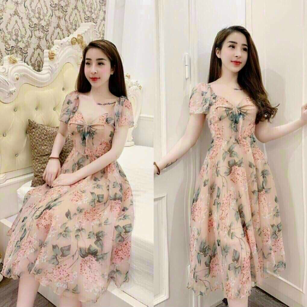 Đầm váy nữ thun hoa có mút dáng xòe cá tính