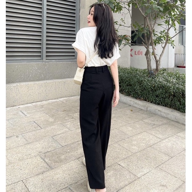 Quần tây ống rộng lưng cao đi học khóa kéo vải tuyết mưa mềm - Quần ống Suông dài nữ cạp cao dáng dài đứng mặc công sở