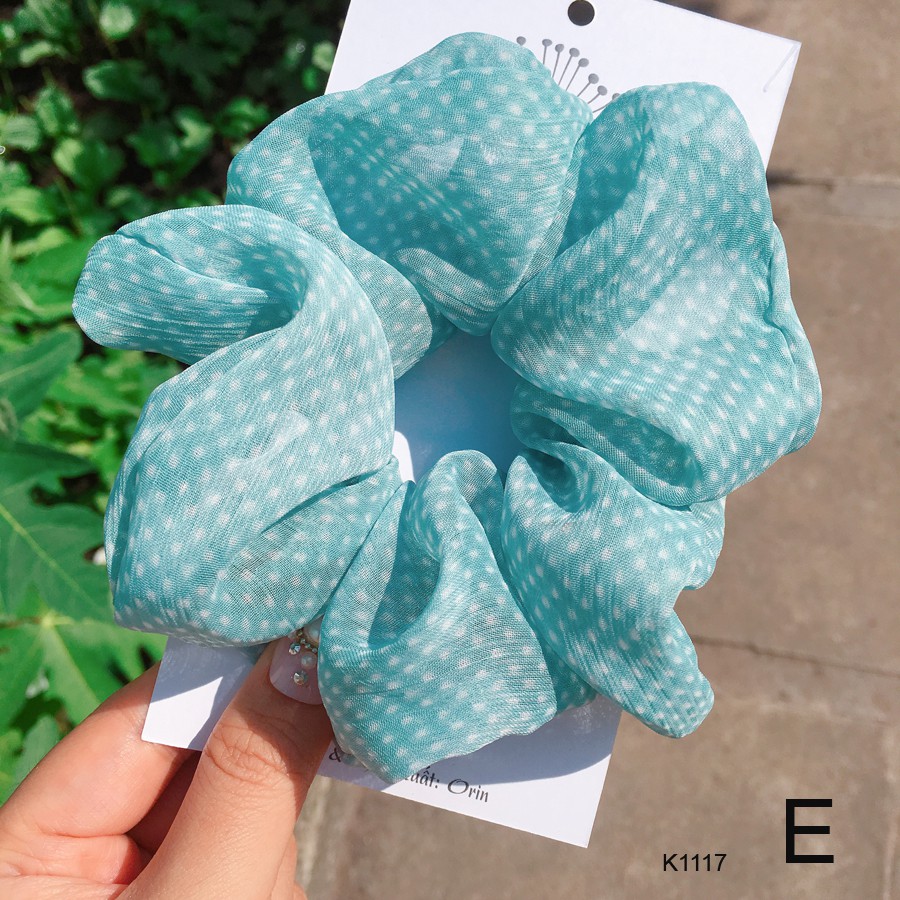 Buộc tóc, cột tóc vải scrunchies chiffon chấm bi siêu đẹp Orin K1117