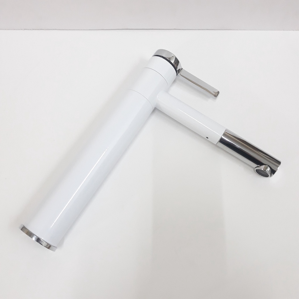 Vòi lavabo nóng lạnh bằng đồng hình trụ tròn 30cm sơn tĩnh điện Trắng bạc cao cấp
