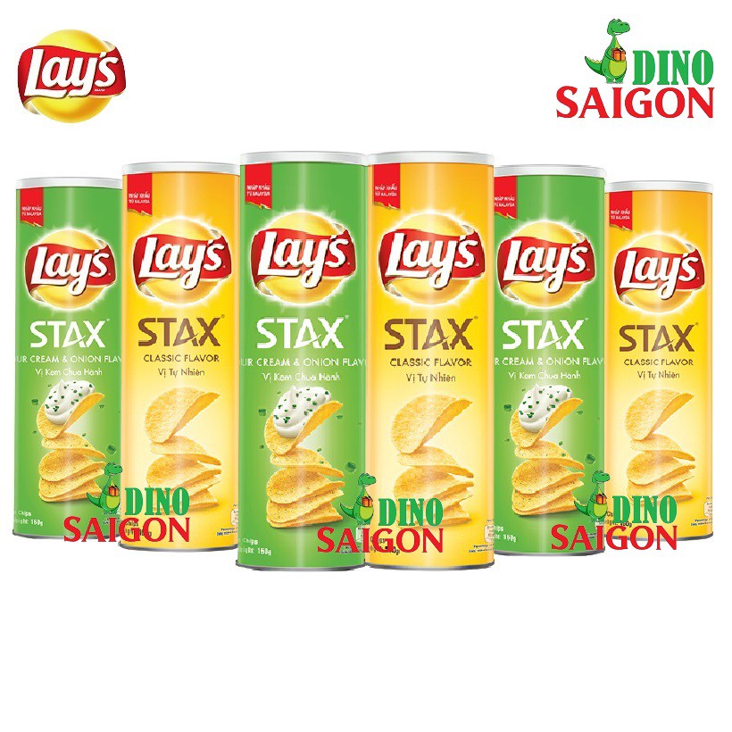 Combo 6 Hộp Bánh Snack Khoai Tây Lay's Stax Malaysia 160g gồm 3 Vị Tự Nhiên và 3 vị Kem Chua Hành