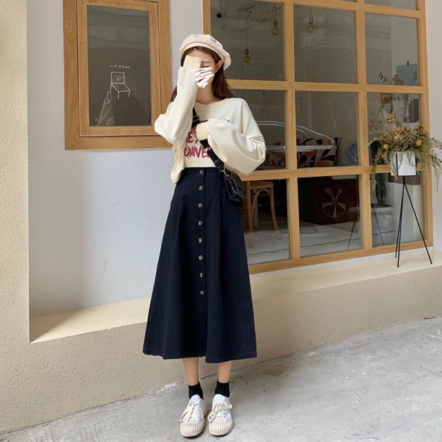Chân váy dài hàng cúc giữa ulzzang