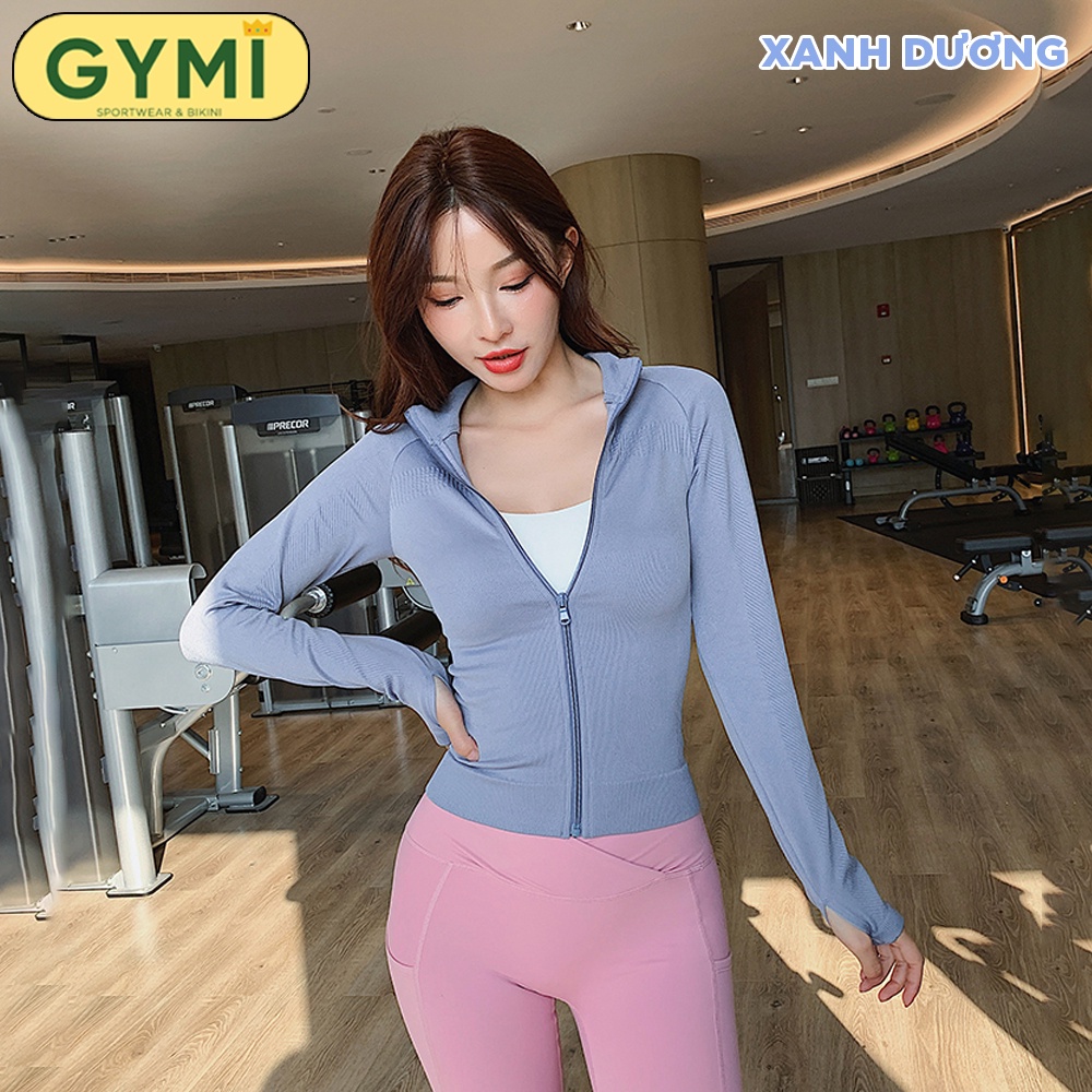 Áo khoác tập gym yoga nữ GYMI AK08 dáng croptop thể thao chất dệt kim co giãn thoáng khí chống nắng