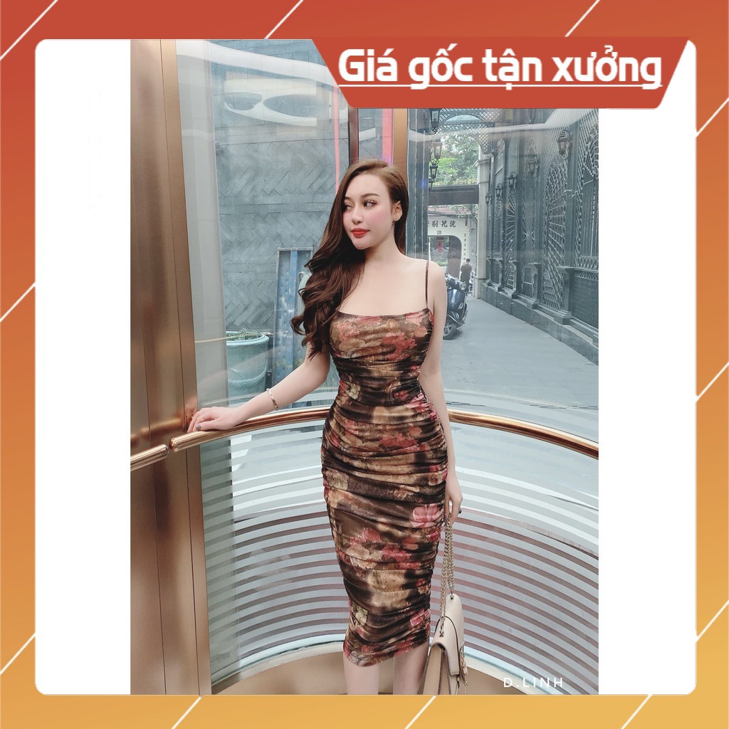 Đầm Body Nhún Họa Tiết Hoa 3D Dành Cho Nàng Đi Tiệc, Biển, Dạo Phố - 2 Màu Nâu Hoa, Hồng Hoa, Vàng Hoa - ẢNH THẬT