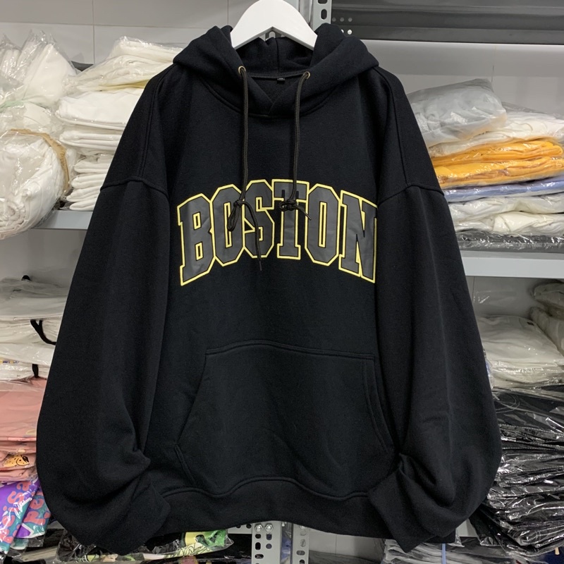 (sẵn) Áo Hoodie Nỉ lót bông form rộng BOSTON unisex [ ảnh thật ] (nam nữ mặc được)