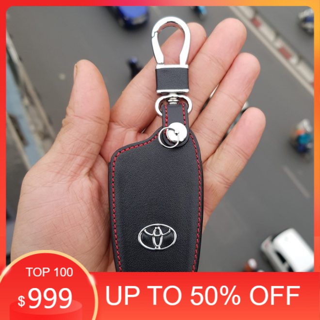 Bao da móc viền chỉ đỏ bảo vệ chìa khóa xe Toyota Corolla Cross 2020 kèm móc đeo Inox