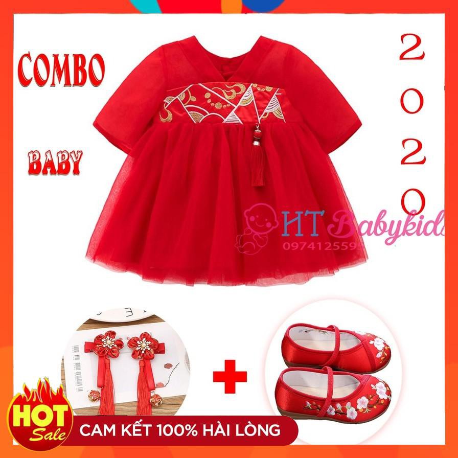 [ COMBO MỚI ] Set Đầm Cho Bé Kiểu Dáng KIMONO Kèm Kẹp Và Hài Thêu Hoa Anh Đào Xinh Xắn [ CAM KẾT HÀI LÒNG 100% ]