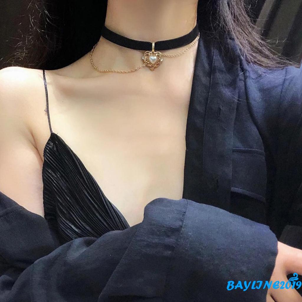 Vòng cổ vải nhung phối mặt hình trái tim mạ vàng đính ngọc trai nhân tạo thời trang cổ điển sang trọng